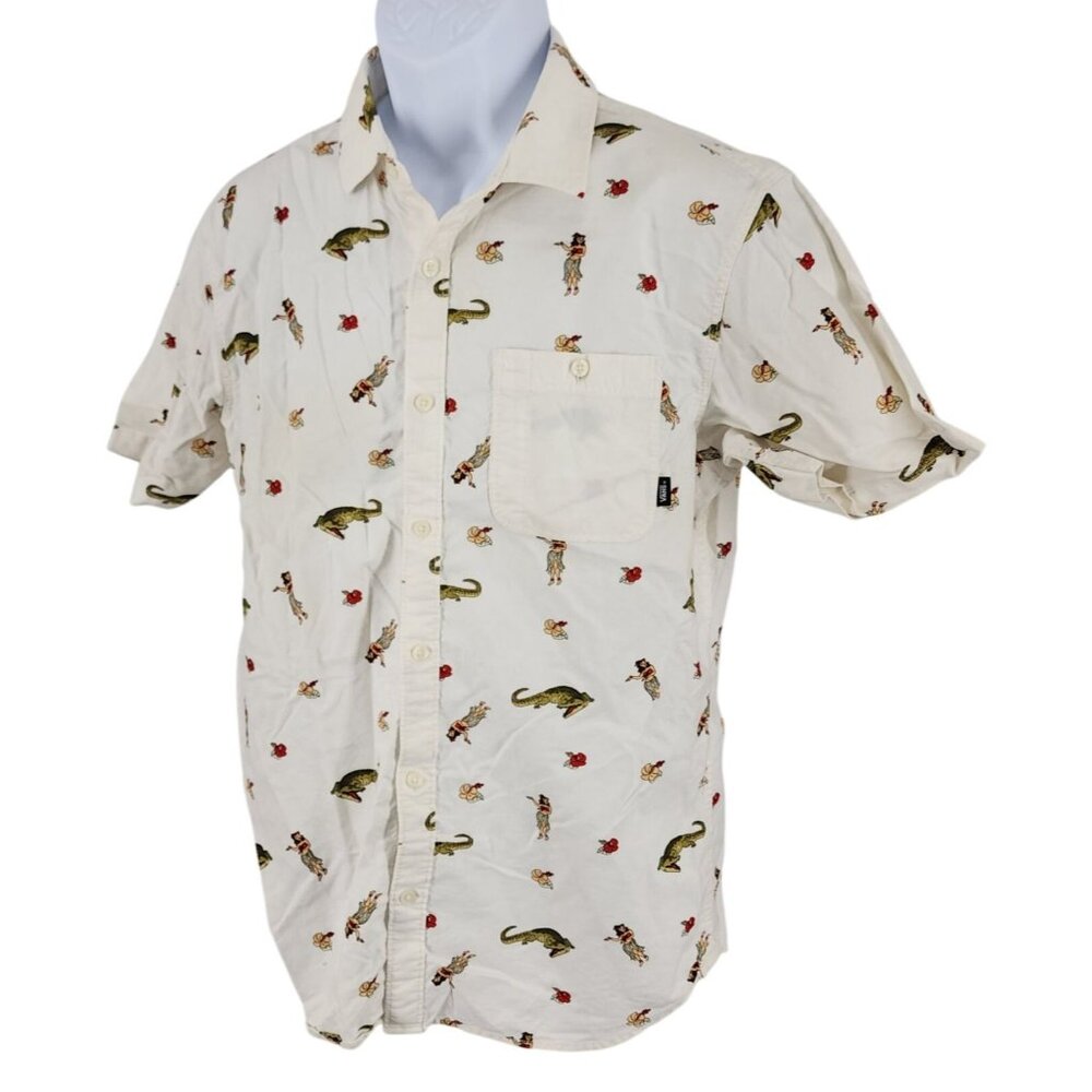Men's Vans Hula Girl Alligator Tailored Fit White Button Down Shirt Medium
